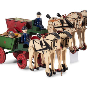 Appraisal: Two Carved Wood Horse-Drawn Carriages with Children's Blocks Length of