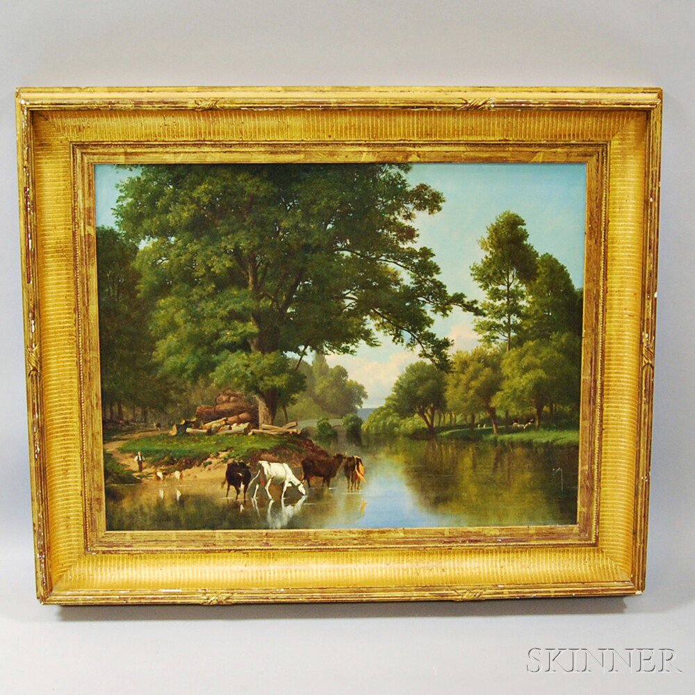 Appraisal: George Frank Higgins American b River Scene with Cows Signed