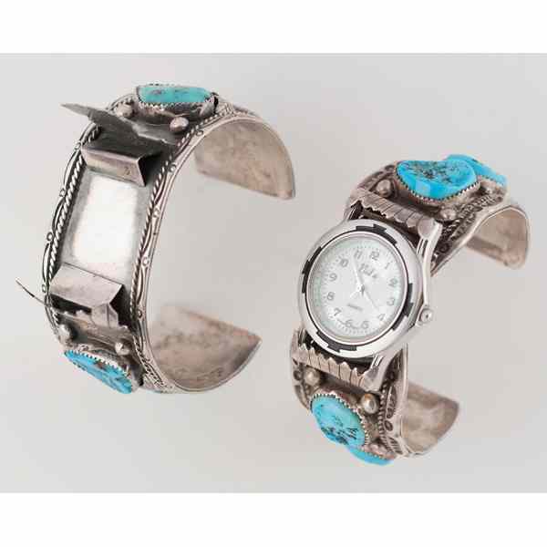 Appraisal: Navajo Silver Watch Bracelets lot of Both with baroque turquoise