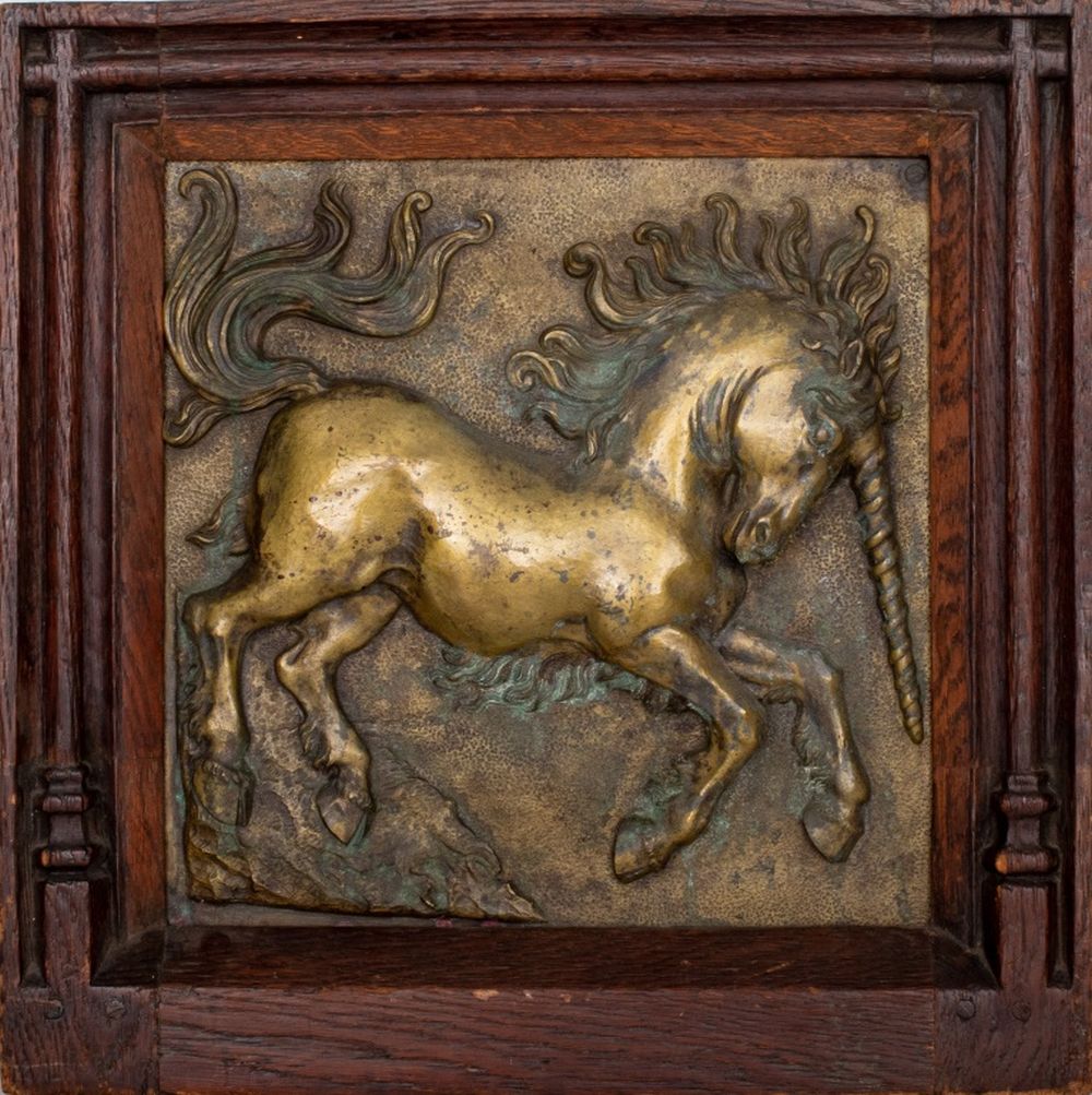 Appraisal: MEDIEVAL REVIVAL UNICORN BRONZE RELIEF PLAQUE Medieval Revival cast bronze