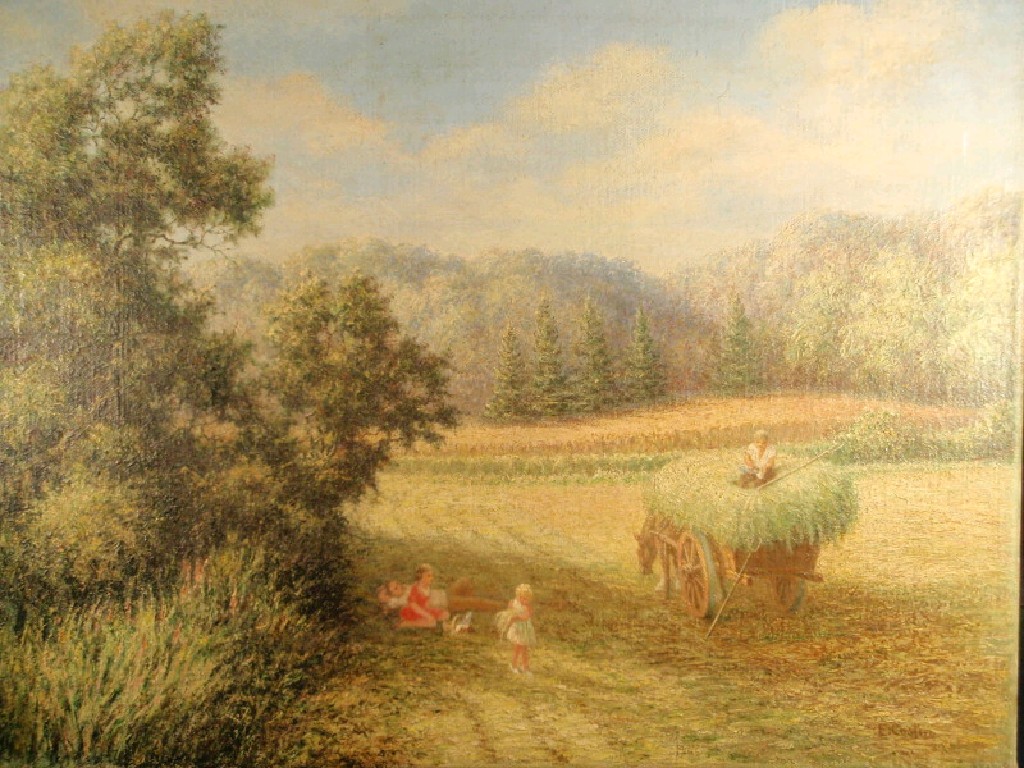 Appraisal: Ernest Costin A haymaking scene with figures and cart oil