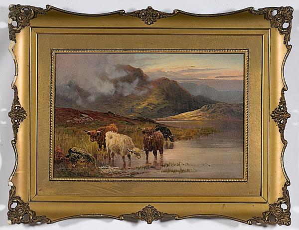 Appraisal: HIGHLAND CATTLE WATERING BESIDE A LOCH BY CHARLES W OSWALD