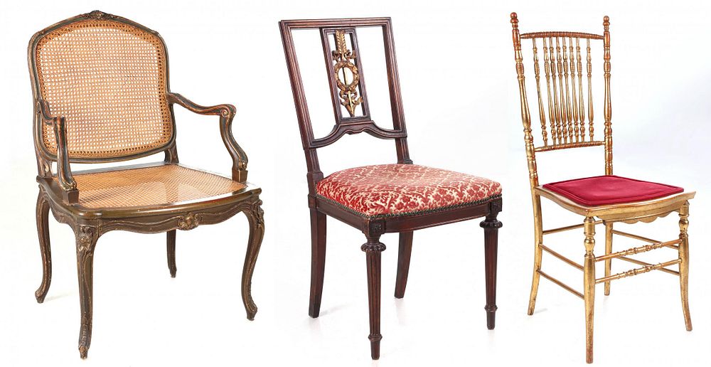 Appraisal: THREE HIGH STYLE DECORATIVE CHAIRS Country French caned bergere with