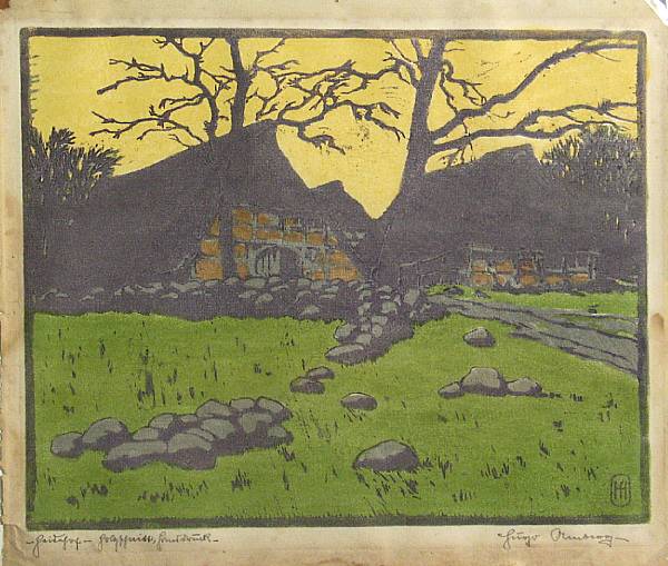 Appraisal: Unknown Artist Houses by a Meadow n d Color woodcut