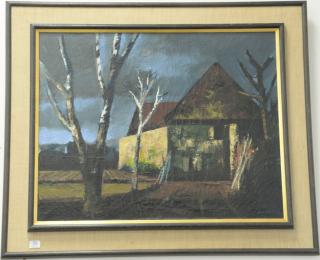 Appraisal: Jean Batail b oil on canvas nighttime landscape of barn