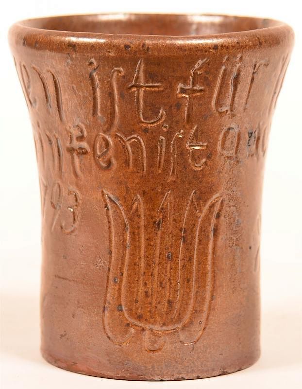 Appraisal: Glazed and Sgrafitto Redware Pottery Tumbler Glazed and Sgrafitto Redware