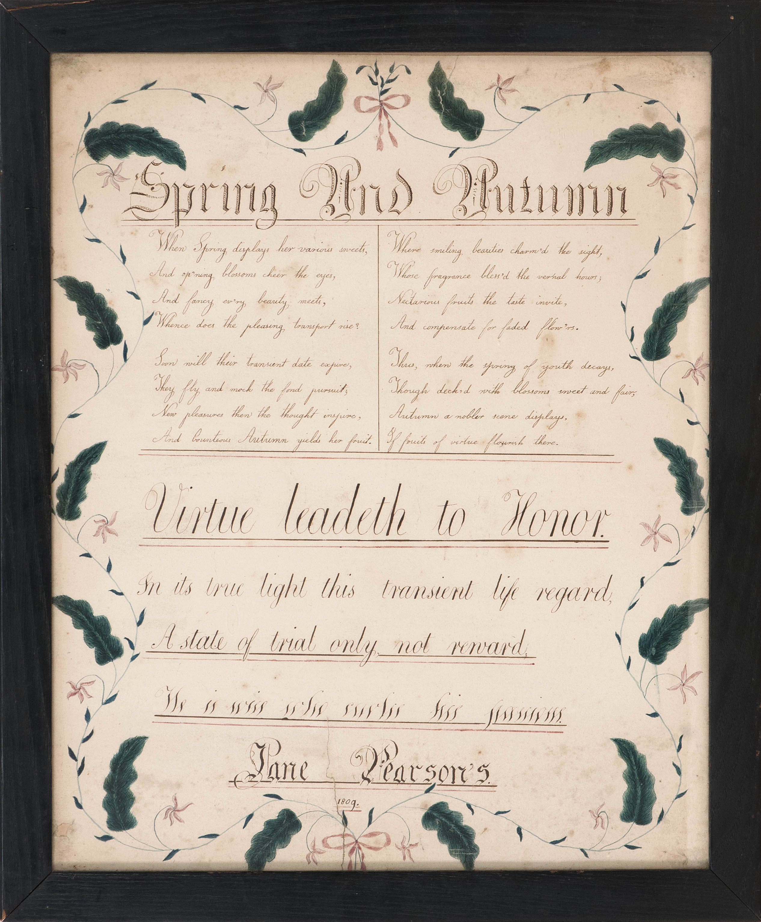 Appraisal: FRAMED PENMANSHIP EXERCISE Pennsylvania Early th CenturyTitled Spring and Autumn