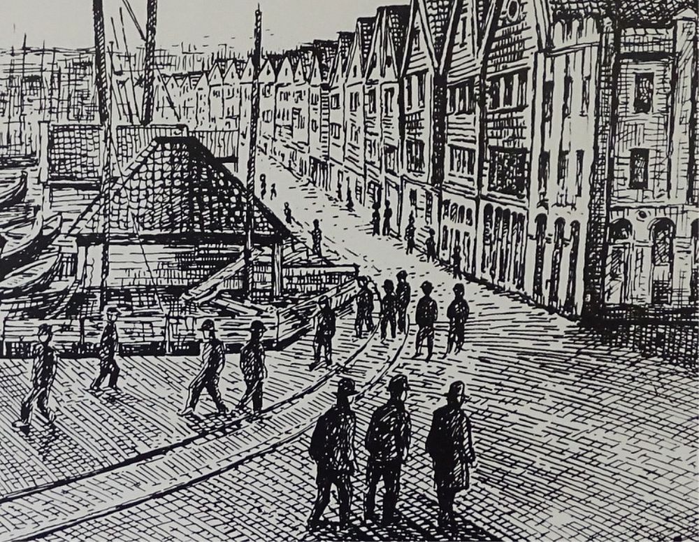 Appraisal: bergen bryggen Etching Holland bergen bryggen Etching Holland bergen bryggen