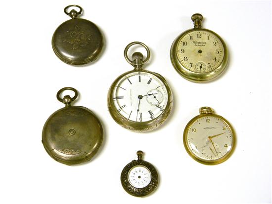 Appraisal: WATCHES Six pocket watches including Wittnauer K yellow rolled gold