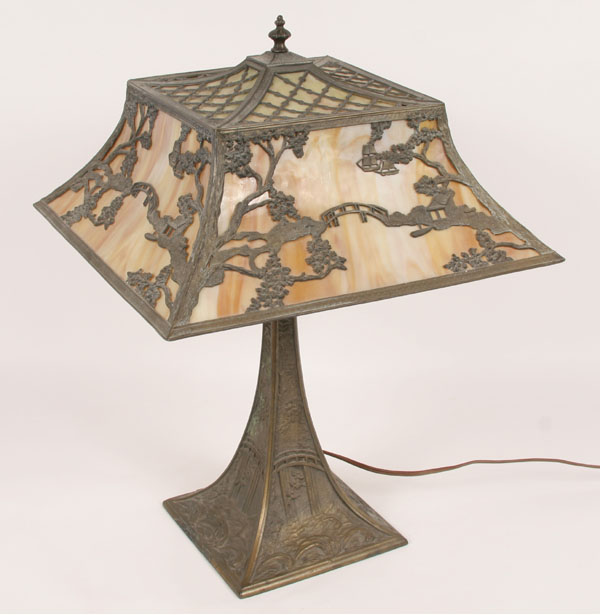 Appraisal: Unusual slag glass lamp angled gilt metal base and shade