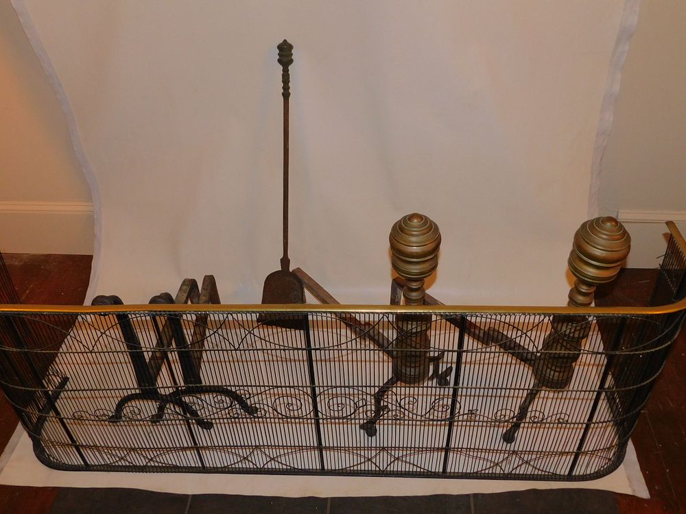 Appraisal: LOT FIREPLACE ITEMS WIRE SCREEN Lot of antique fireplace items