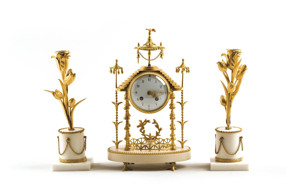 Appraisal: FRENCH GILT-METAL AND WHITE MARBLE PORTICO-FORM MANTEL CLOCK AND A