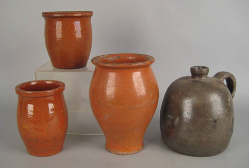 Appraisal: Three redware crocks th c together with a stoneware jug