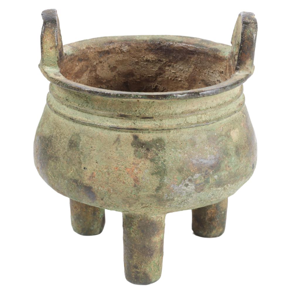 Appraisal: CHINESE ARCHAIC BRONZE DING CENSER VESSEL ON THREE FEET WITH