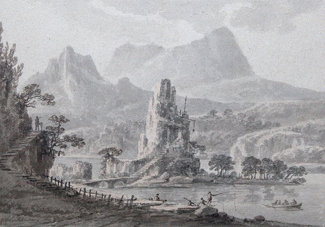 Appraisal: AMOS GREEN - A mountainous lakeside with castle pen ink