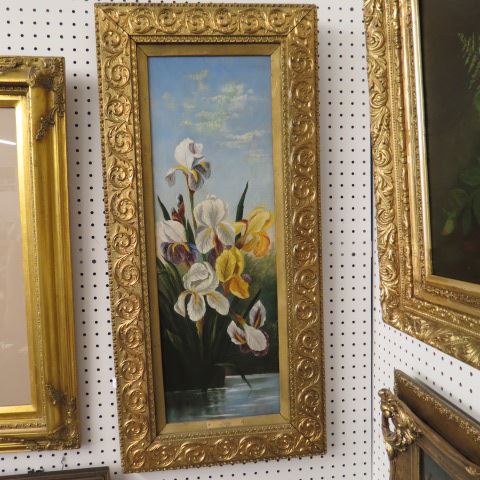 Appraisal: th Century Oil Irises fancy gold frame image area x