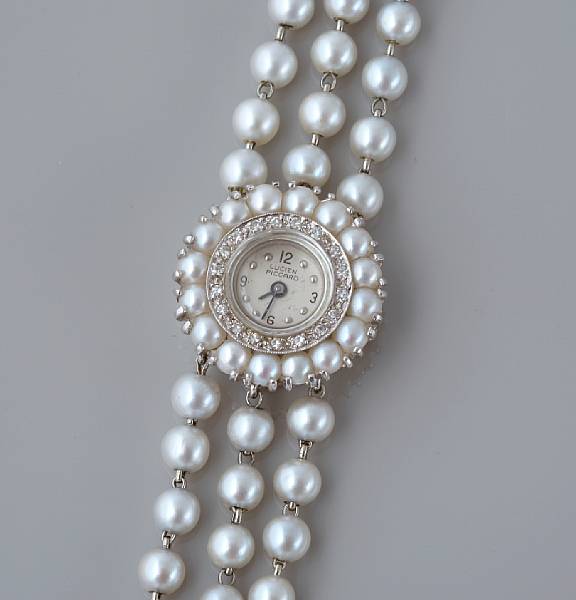 Appraisal: A cultured pearl and and diamond bracelet watch Lucien Piccard