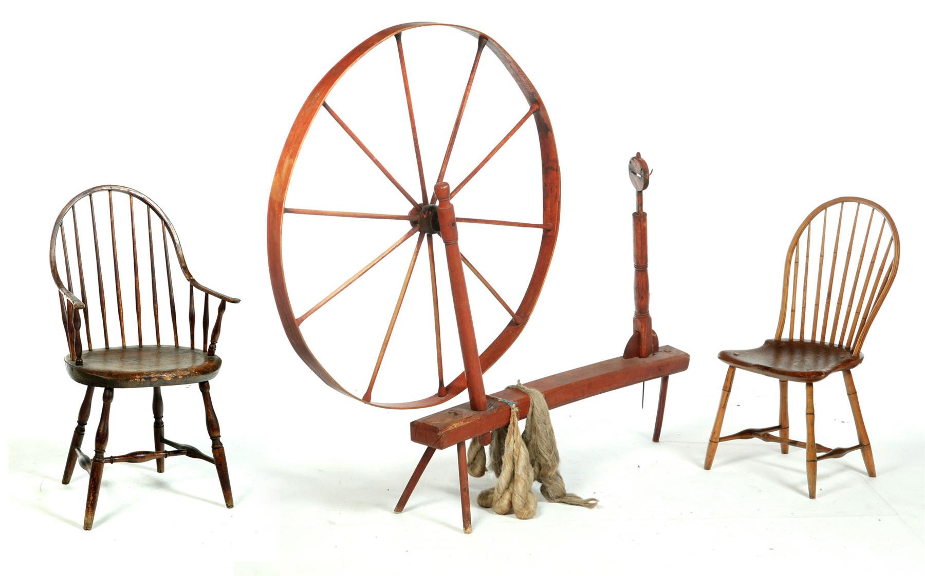 Appraisal: TWO AMERICAN WINDSOR CHAIRS AND SPINNING WHEEL Nineteenth century mixed