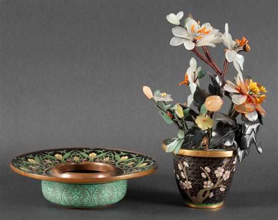 Appraisal: Chinese cloisonne ashtray and a carved hardstone tree in cloisonne