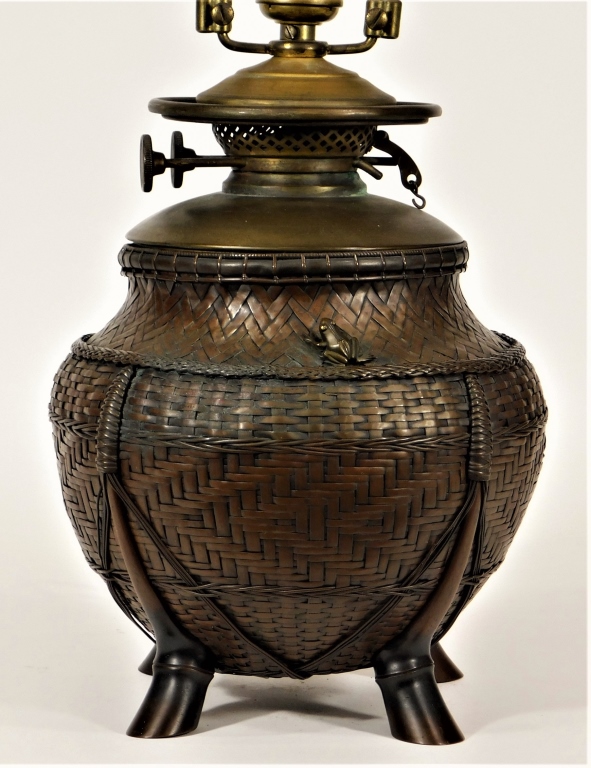 Appraisal: C JAPANESE IKEBANA WOVEN BRONZE BASKET LAMP Japan th CenturyIntricately