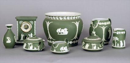 Appraisal: Fifteen Wedgwood Green Jasperware Articles Modern Including teawares boxes bowls