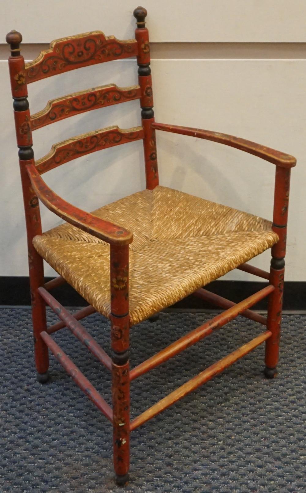 Appraisal: AMERICAN POLYCHROME DECORATED AND RUSH SEAT ARM CHAIRAmerican Polychrome Decorated