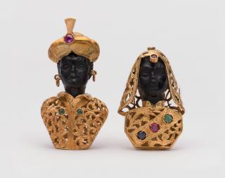 Appraisal: Pair K Yellow Gold Carved Onyx and Gemset Blackamoor Brooches