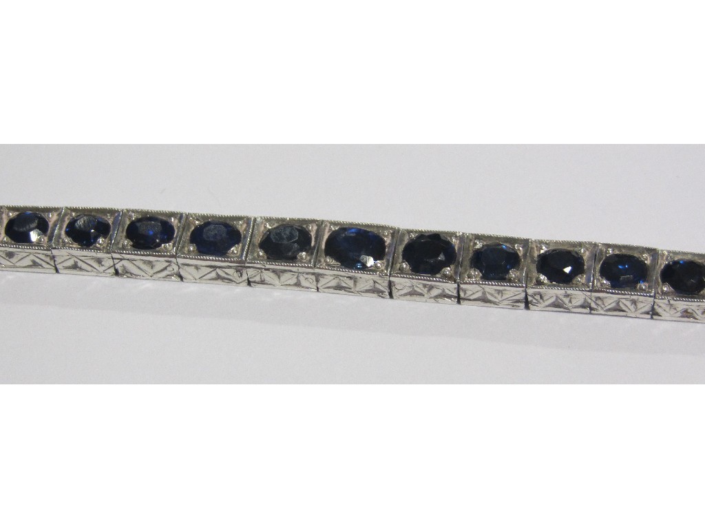 Appraisal: Art Deco white metal sapphire line bracelet with thirty six