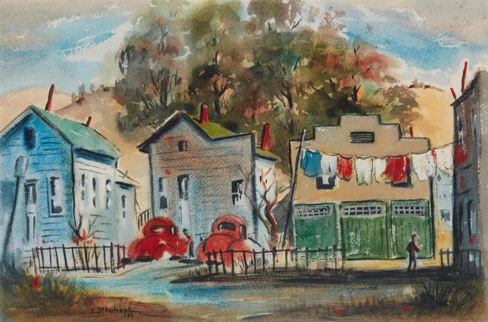 Appraisal: Elmer Stanhope - Neighborhood scene with figure Watercolor on paper