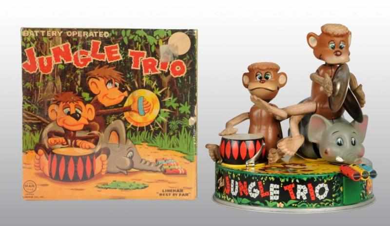 Appraisal: Tin Jungle Trio Battery-Operated Toy Description Japanese Working Heads of