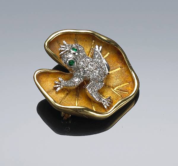 Appraisal: A diamond and emerald frog and lily pad brooch McTeigue