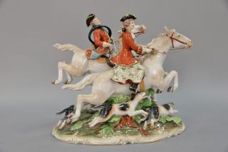 Appraisal: Porcelain double horses and riders made in Germany ht lg