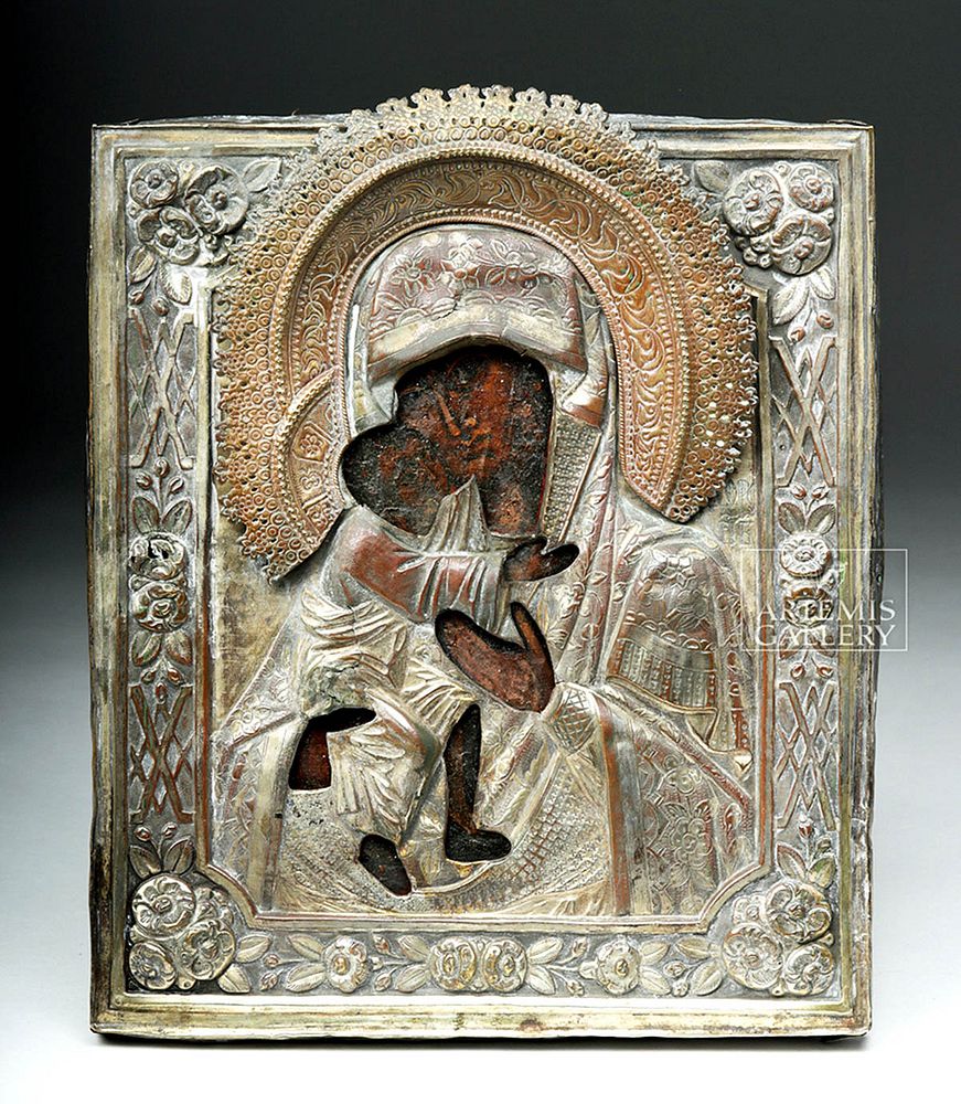 Appraisal: th C Russian Icon w Oklad Virgin of Sweet Kiss