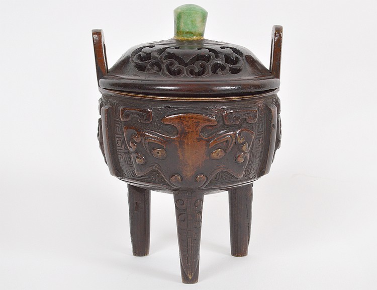 Appraisal: CHINESE PATINATED BRONZE COVERED TRIPOD CENSOREarly th Century In archaic