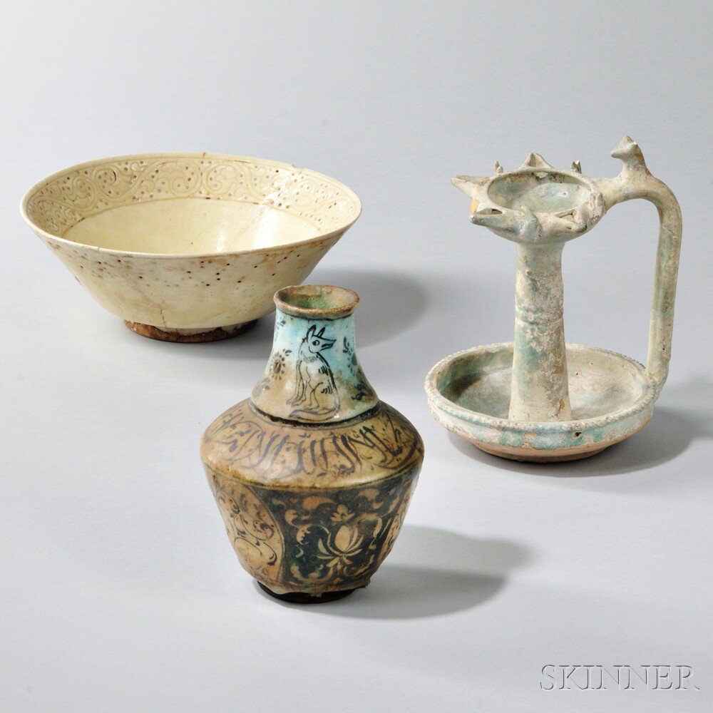 Appraisal: Three Middle Eastern Ceramic Vessels a lead-glazed bowl with an