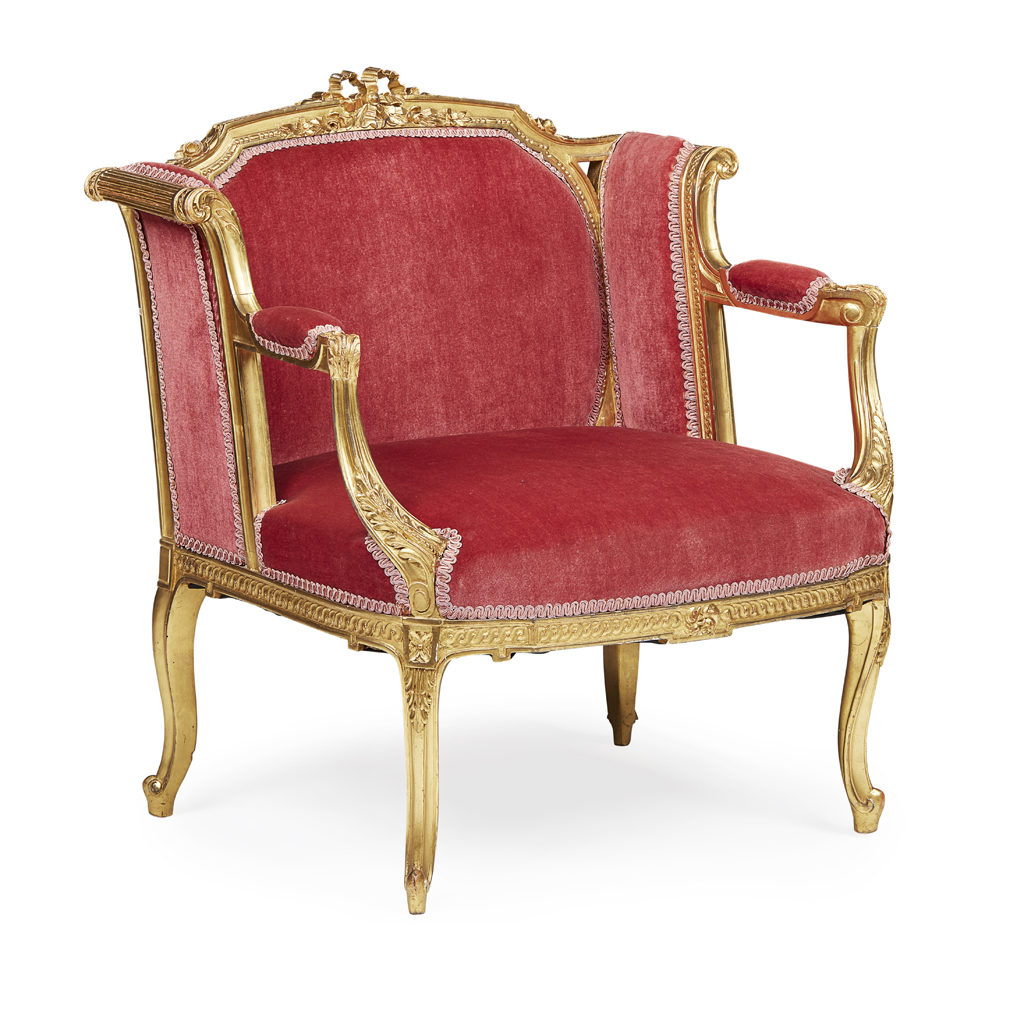 Appraisal: LOUIS XVI STYLE GILTWOOD ARMCHAIR EARLY TH CENTURY the low