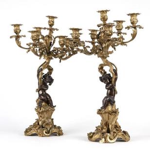 Appraisal: A pair of patinated and gilt bronze candelabra Late th