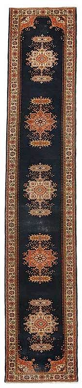 Appraisal: Indo Persian Runner navy ground with five floral medallions ivory