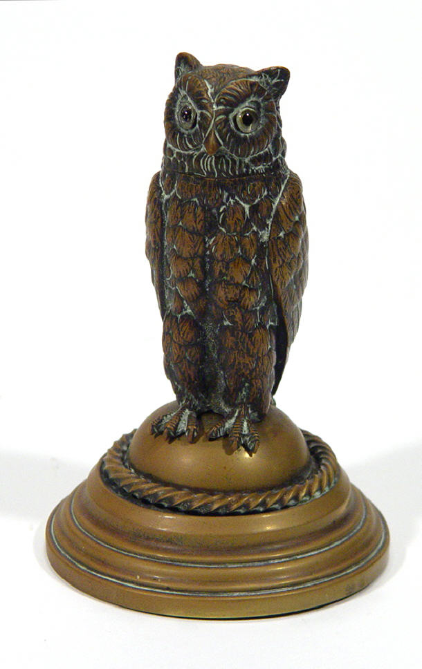 Appraisal: Brass owl design table inkwell with hinged head and glass