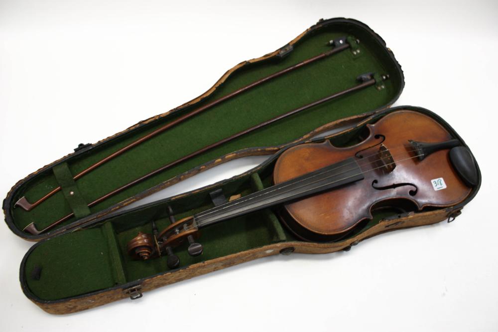 Appraisal: ANTIQUE VIOLIN WITH TWO BOWS AND HARD CASE violin interior