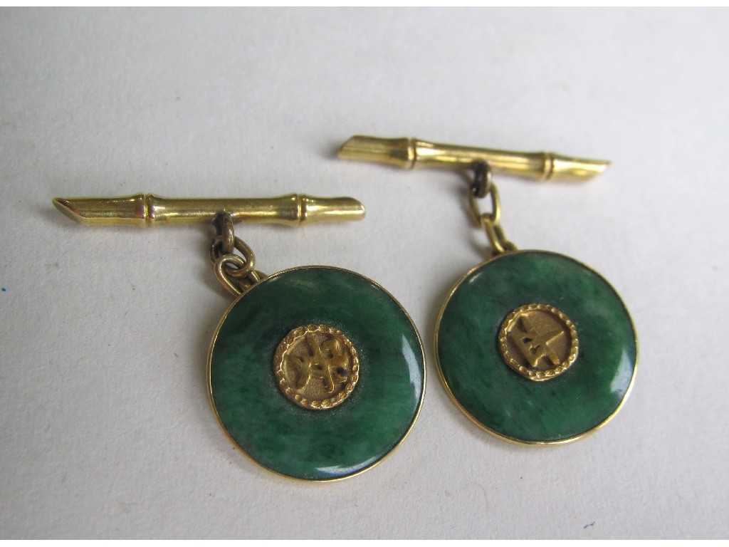 Appraisal: Pair of Chinese jade cuff links of circular form mounted