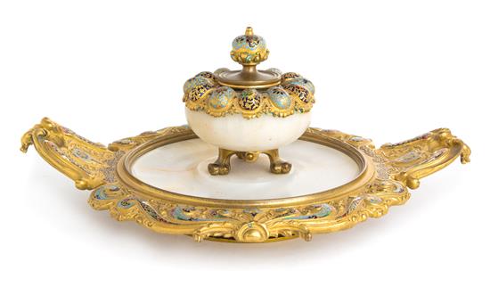 Appraisal: Sale Lot A French Gilt Bronze Onyx and Champleve Inkwell