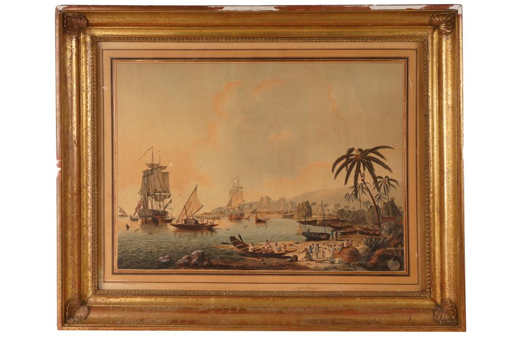 Appraisal: HARBOR SCENEcolored print depicting British ships in a tropical coastal