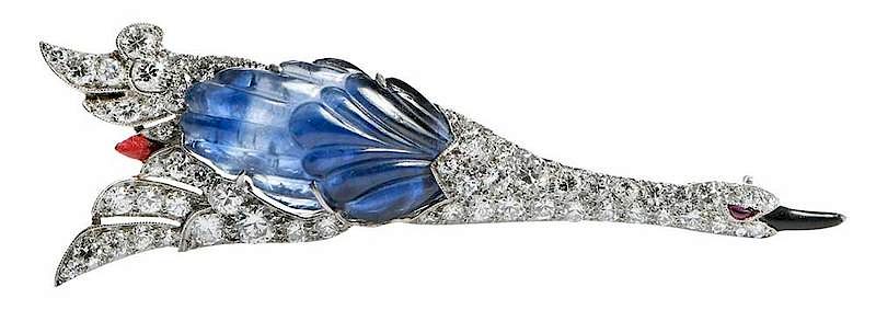 Appraisal: Art Deco Platinum Diamond Sapphire Brooch flying goose carved sapphire