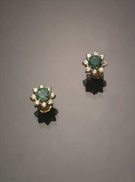 Appraisal: Pair of -Karat Yellow-Gold Emerald and Diamond Ear Studs Each