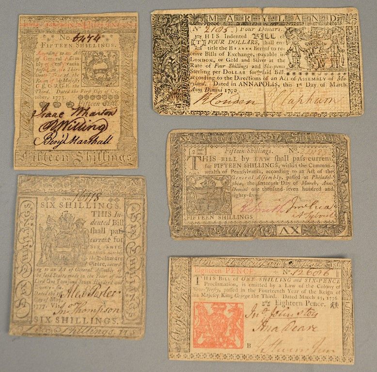 Appraisal: Five Colonial currency notes to include Pennsylvania shillings Delaware shillings