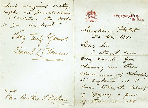 Appraisal: CLEMENS SAMUEL LANGHORNE Autograph Letter Signed Saml L Clemens pp