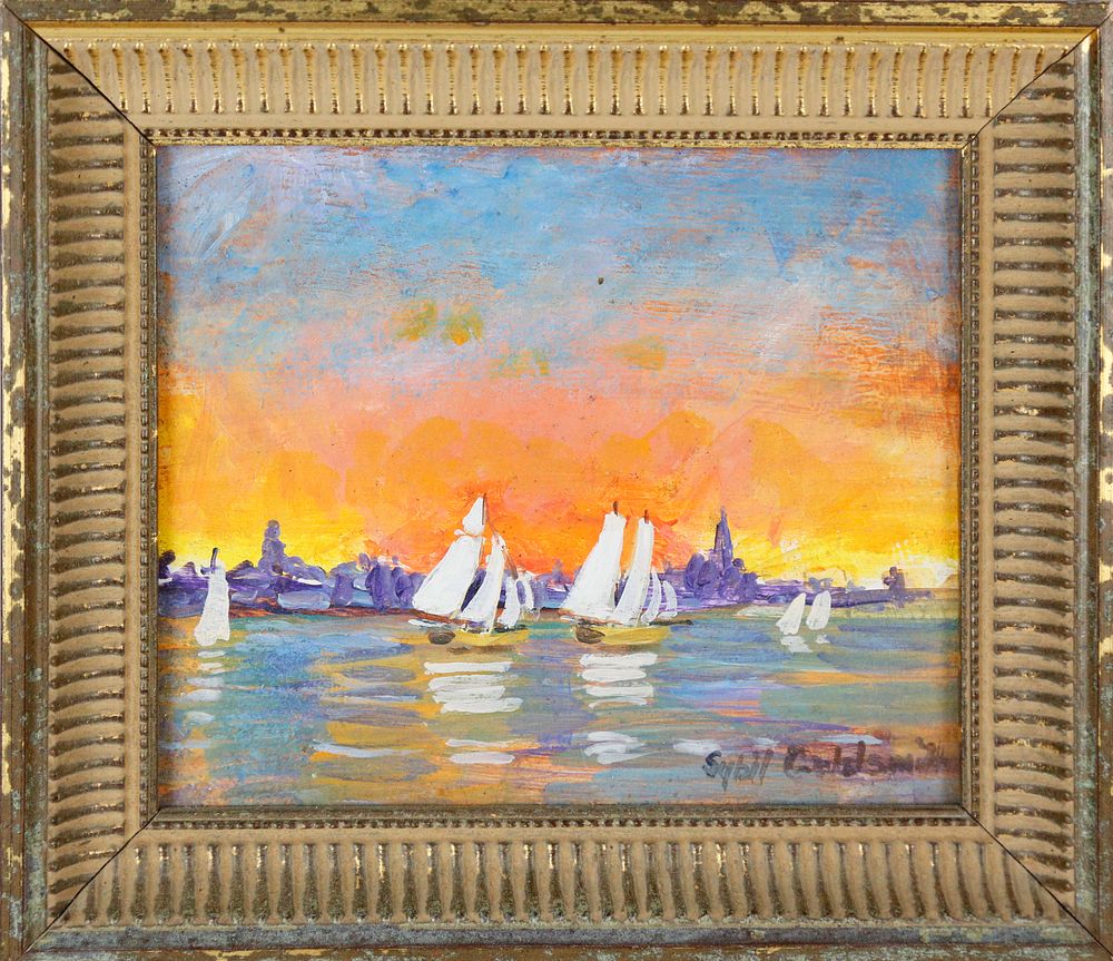 Appraisal: Sybil Goldsmith Oil on Masonite Sailboats in Nantucket Harbor Sybil