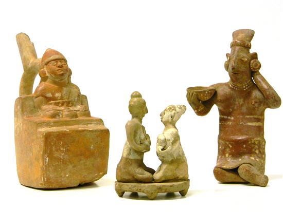 Appraisal: Three Pre-Columbian figural fragments two ceramic figures seated on footed