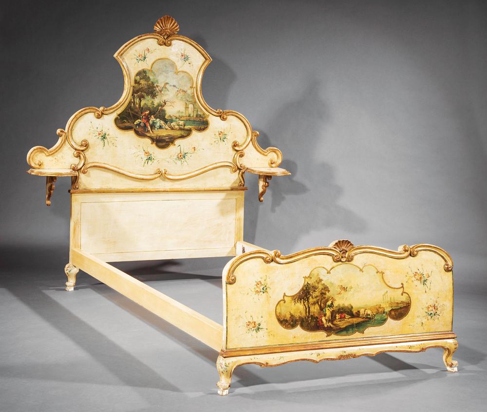 Appraisal: Venetian Carved Painted and Parcel Gilt Bed shaped headboard surmounted